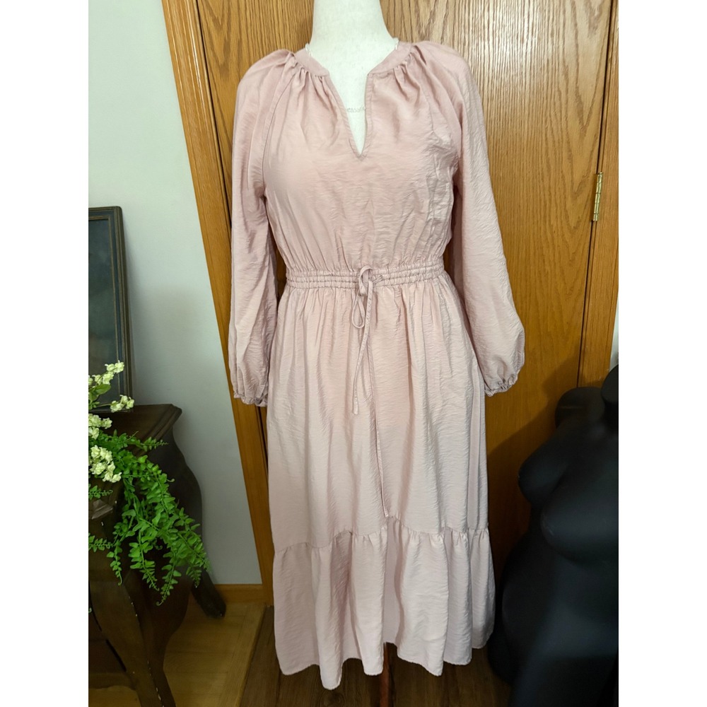 A New Day Womens Pink Long Sleeve Tiered Midi Dress Small Blush Crinkle V-Neck